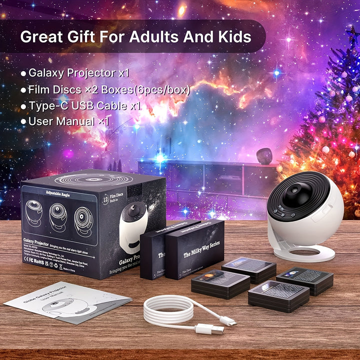 Galaxy Star Projector – 360° Night Light with 12 Interchangeable Discs