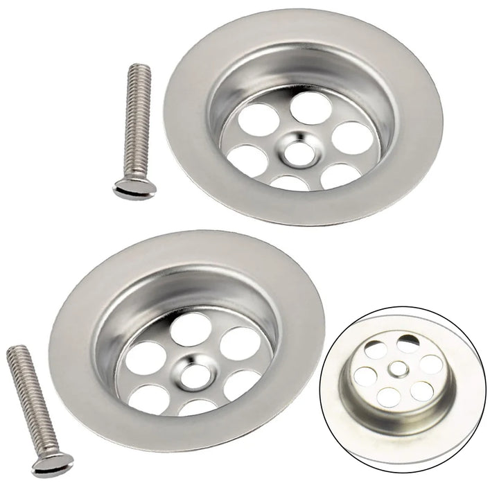 2x Sink Drain Plug Covers with Screw – Bath Plug Hole Filter & Threaded Adapter Set