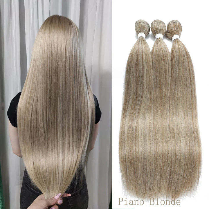 Blonde Straight Hair Bundles – Synthetic Yaki Weave Extensions Smooth Full Ends