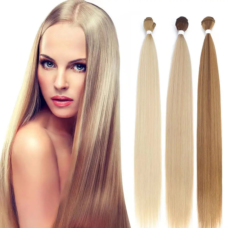 Blonde Straight Hair Bundles – Synthetic Yaki Weave Extensions Smooth Full Ends