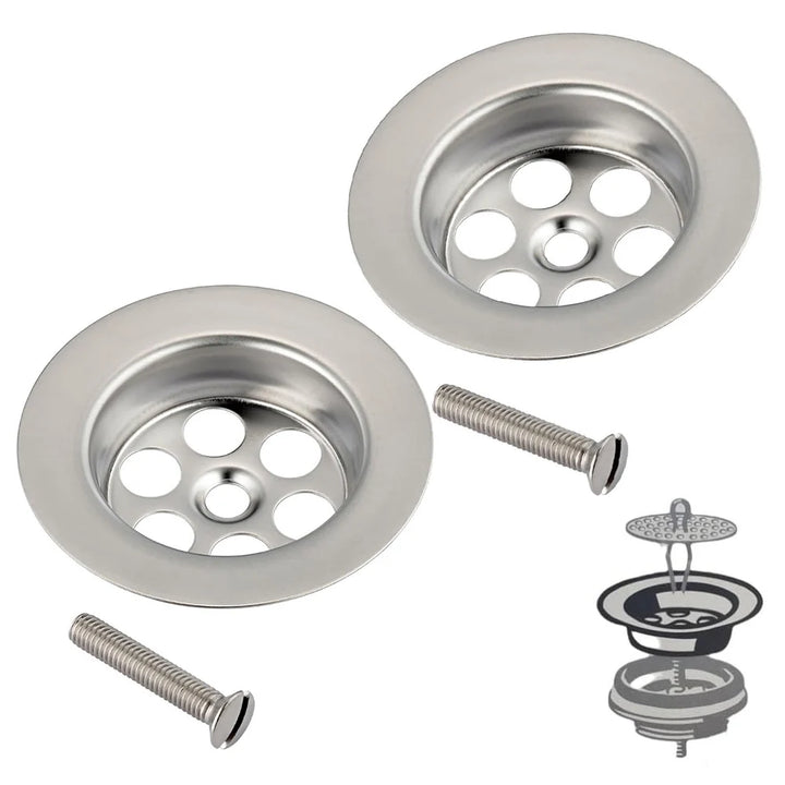 2x Sink Drain Plug Covers with Screw – Bath Plug Hole Filter & Threaded Adapter Set