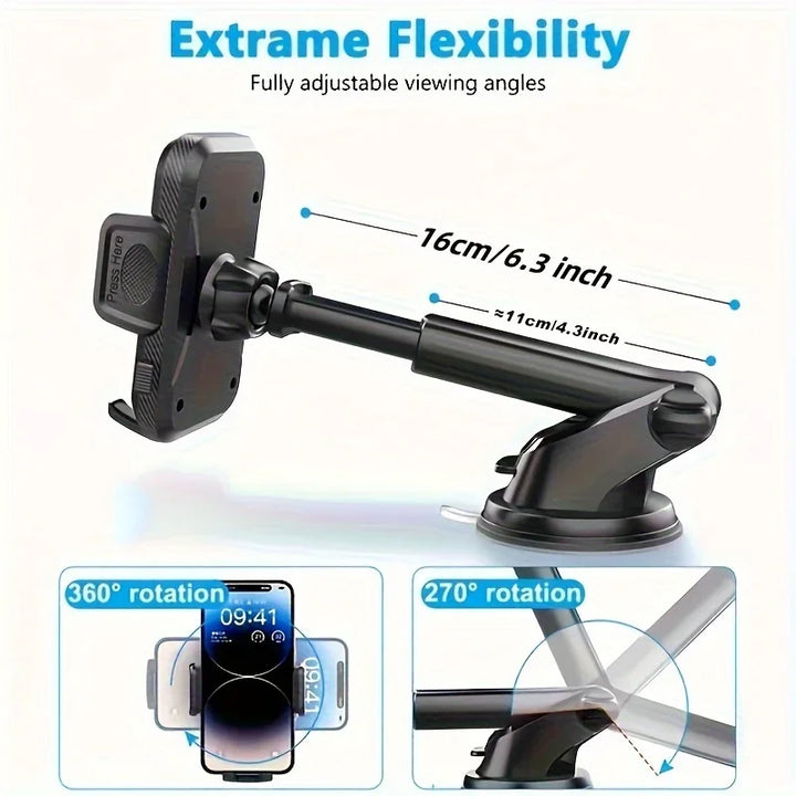 Universal Car Phone Holder – Dashboard & Windshield Suction Cup Telescopic Mount